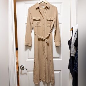 Max Studio Long Shirt Dress with Tie Waist - Beige